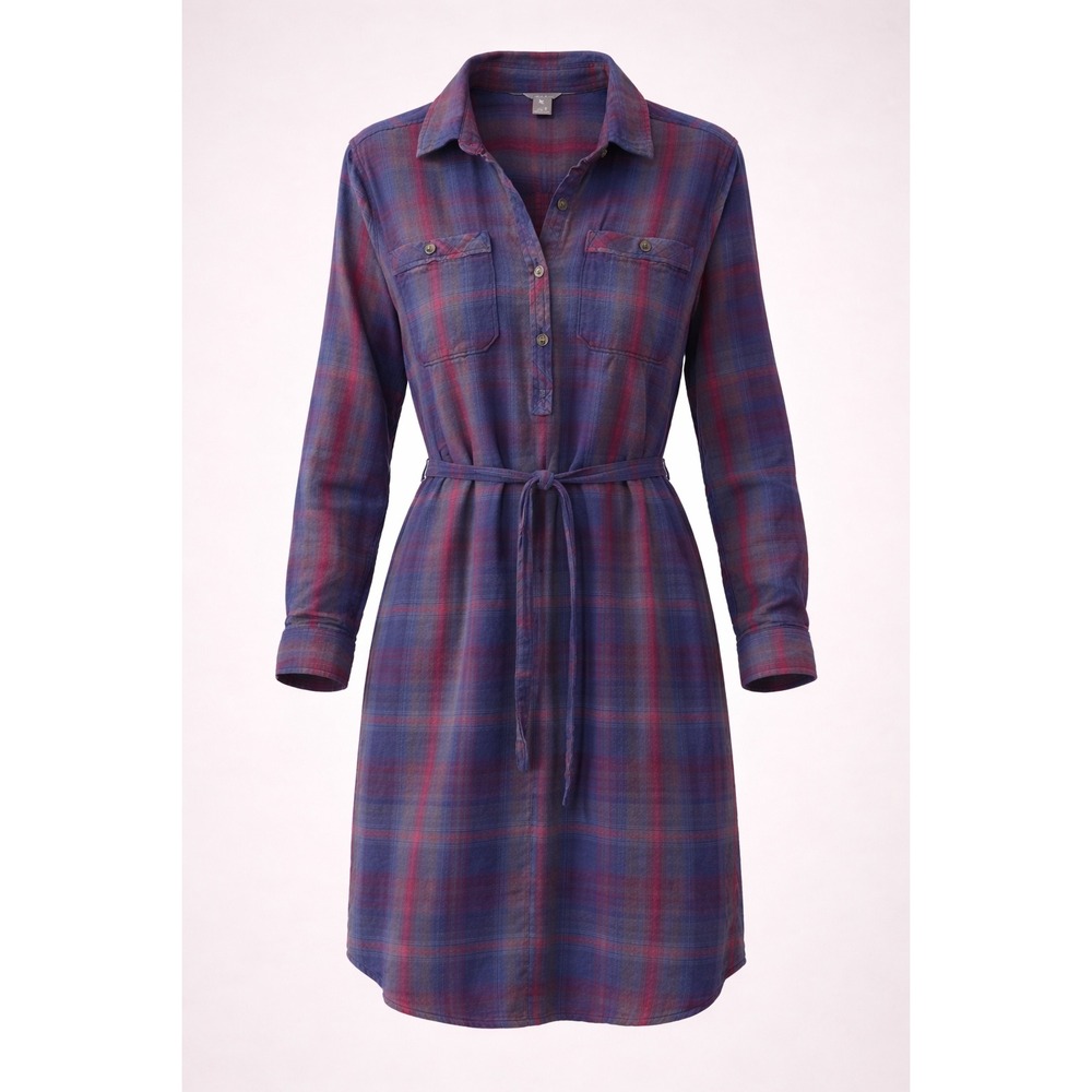 Eddie Bauer Plaid Shirt Dress Women's 16 Cotton Blue Red Belted Pockets